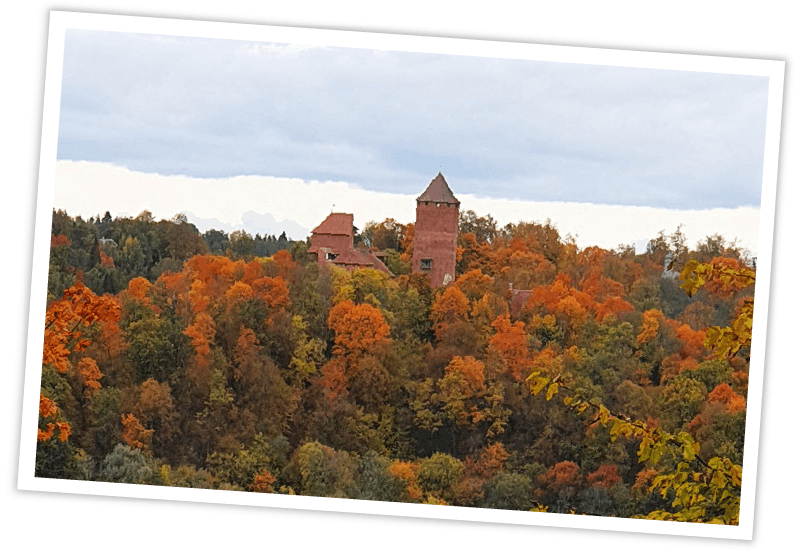 Die historische Burg Turaida bei Sigulda, Lettland, eingebettet in einen farbenfrohen Wald während des Herbstes.