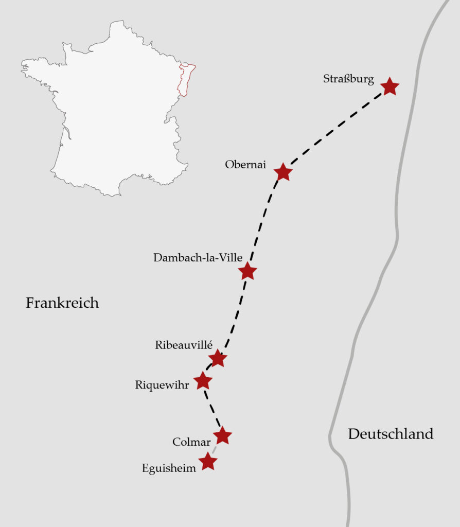 Karte der Elsässer Weinstraße mit der Route von Straßburg über Obernai, Dambach-la-Ville, Ribeauvillé und Riquewihr bis nach Colmar und Eguisheim.