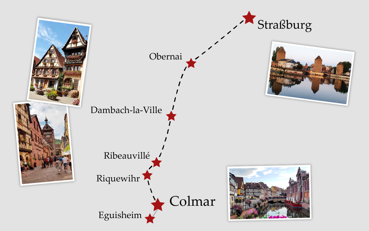 Grafische Routenkarte der Elsässer Weinstraße von Straßburg bis Eguisheim mit Zwischenstopps und Fotos der Highlights.