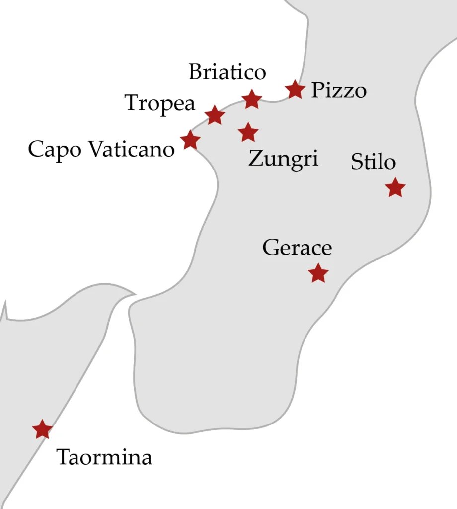 Karte mit den Tagesausflügen ab Tropea zu den schönsten Ausflugszielen in Kalabrien, darunter Capo Vaticano, Zungri, Pizzo, Gerace, Stilo und Taormina.