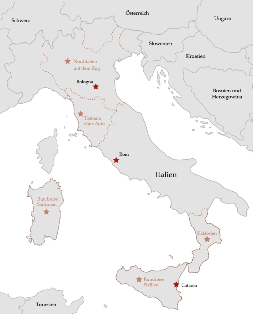 Übersichtskarte von Italien mit den auf dem Blog verfügbaren Reiseberichten und Routen-Tipps zu Norditalien, der Toskana, Kalabrien, Sardinien und Sizilien.