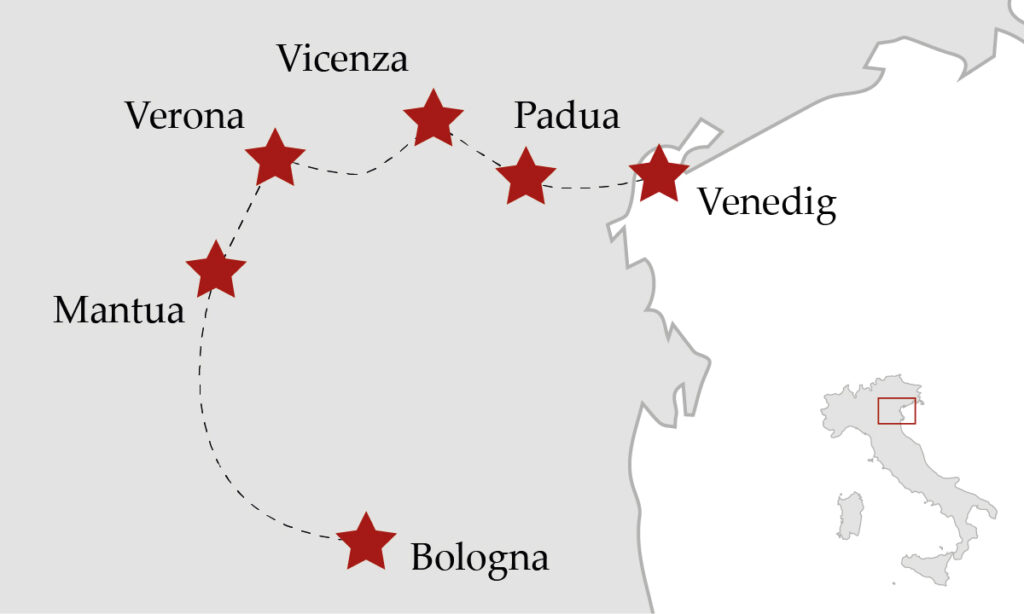 Routenkarte für eine 7-tägige Norditalien Rundreise mit dem Zug ab Bologna über Verona bis nach Venedig.