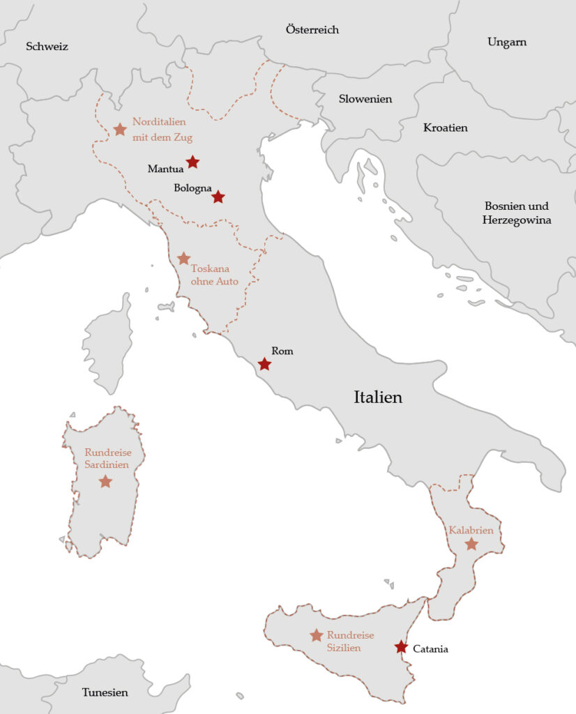 Übersichtskarte von Italien mit den auf dem Blog verfügbaren Reiseberichten und Routen-Tipps zu Norditalien, der Toskana, Kalabrien, Sardinien und Sizilien.