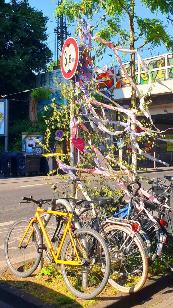 Ein traditioneller Kölner Maibaum mit bunten Kreppbändern an einem Verkehrsschild über einem Fahrradständer im Veedel.