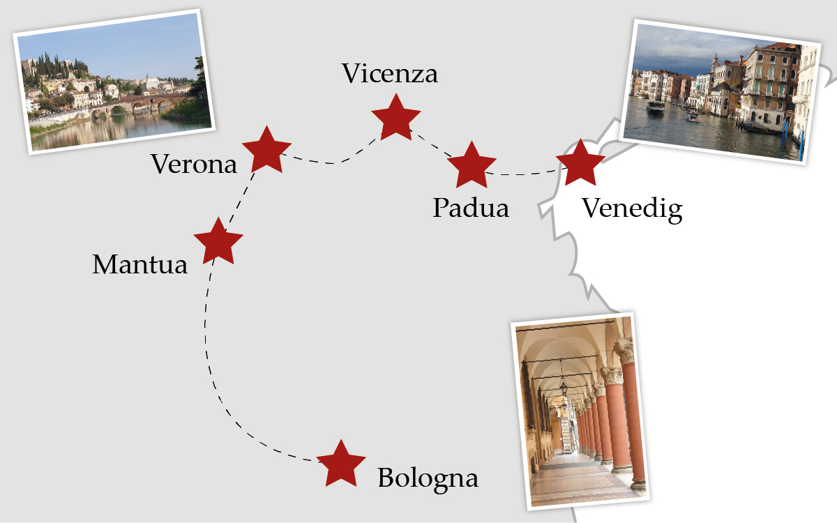 Übersichtskarte der Zug-Rundreise durch Norditalien mit Stationen in Bologna, Mantua, Verona, Vicenza, Padua und Venedig sowie Beispielfotos der Städte.