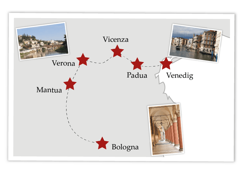 Illustrierte Karte der Zug-Rundreise durch Norditalien mit Stationen in Bologna, Mantua, Verona, Vicenza, Padua und Venedig.