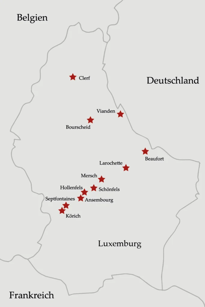 Karte der Schlösser und Burgen in Luxemburg mit Vianden, Beaufort, Bourscheid und dem Tal der sieben Schlösser