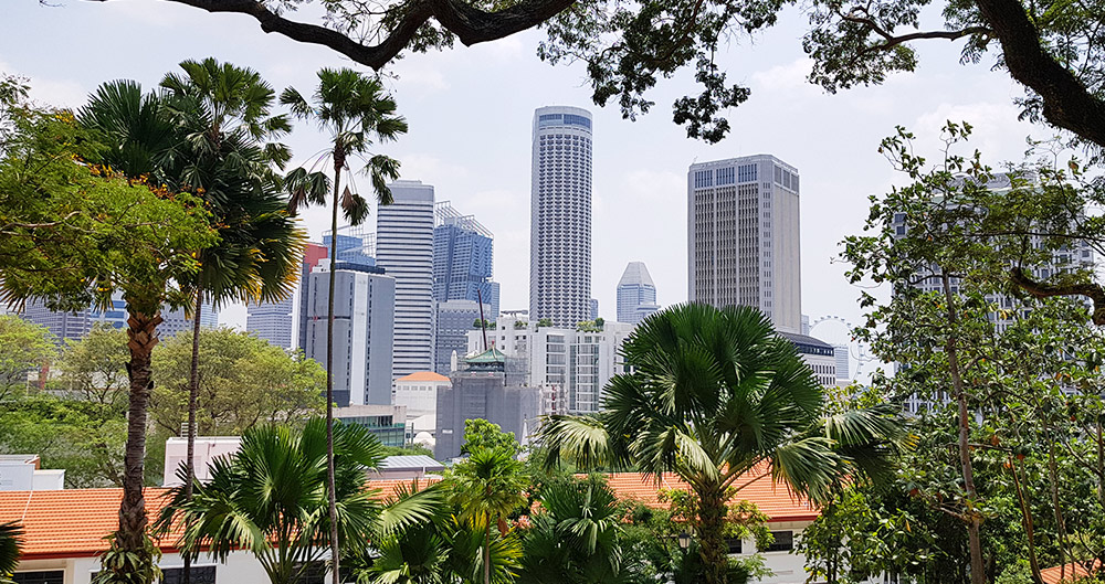 Blick vom Fort Canning Park auf die Skyline Singapur