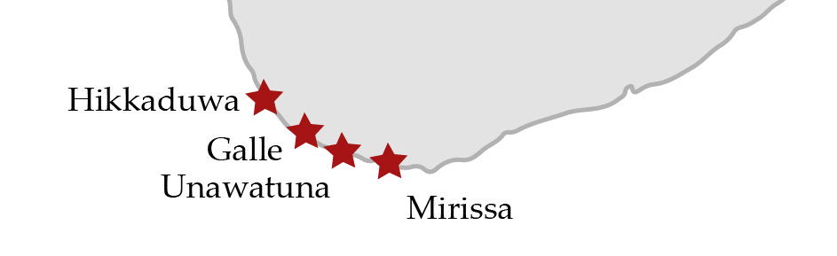 Karte der Südküste Sri Lankas mit Hikkaduwa, Unawatuna, Galle und Mirissa
