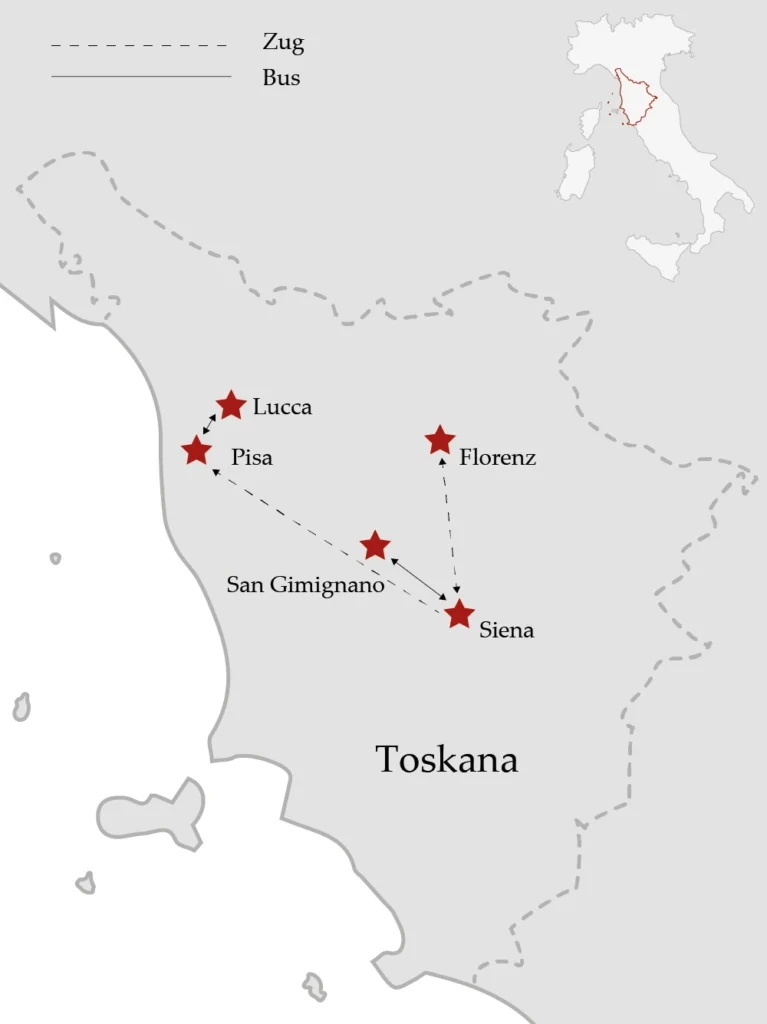 Übersichtskarte der Toskana mit eingezeichneten Zug- und Busverbindungen zwischen Florenz, Siena, San Gimignano, Pisa und Lucca.