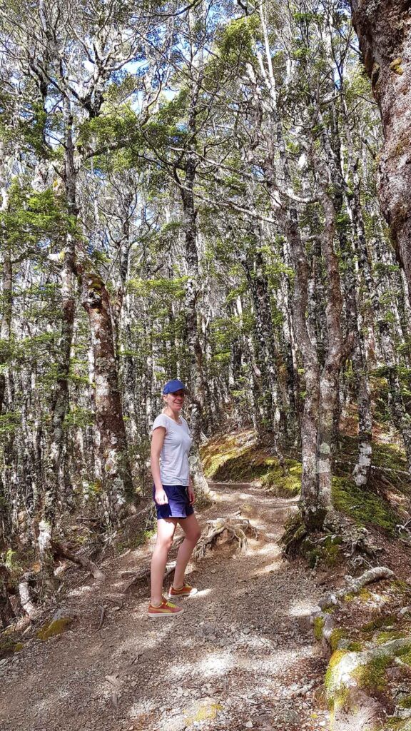 Eine Wanderin in hellem T-Shirt und mit blauen Cap posiert lächelnd auf einem kurvigen Pfad, der durch einen dichten Wald aus alten Südbuchen führt.